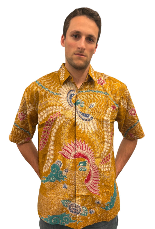Golden Aura: Batik with Radiant Birds - Short Sleeve